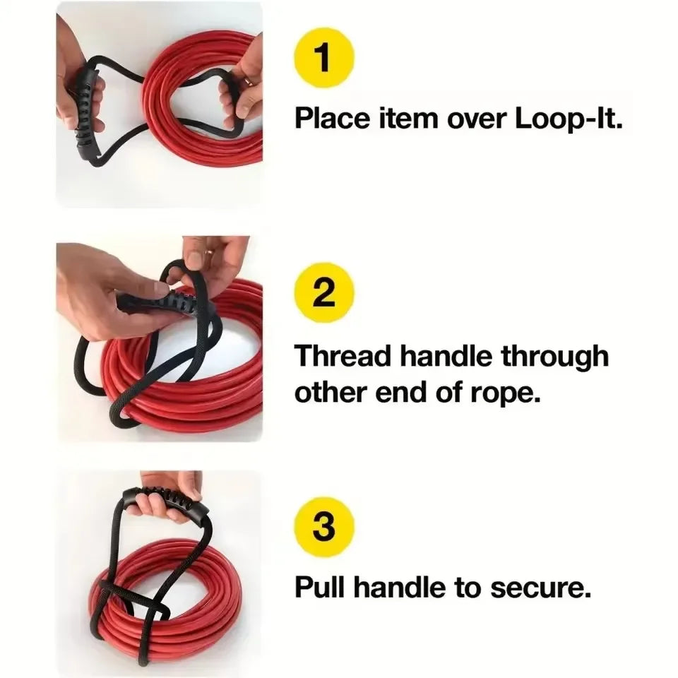 Instructions for using a heavy-duty hook and loop storage strap with a handle, showing the steps to secure the rope.