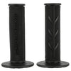 A pair of black aluminum motorcycle handlebar grips with rubber coating.