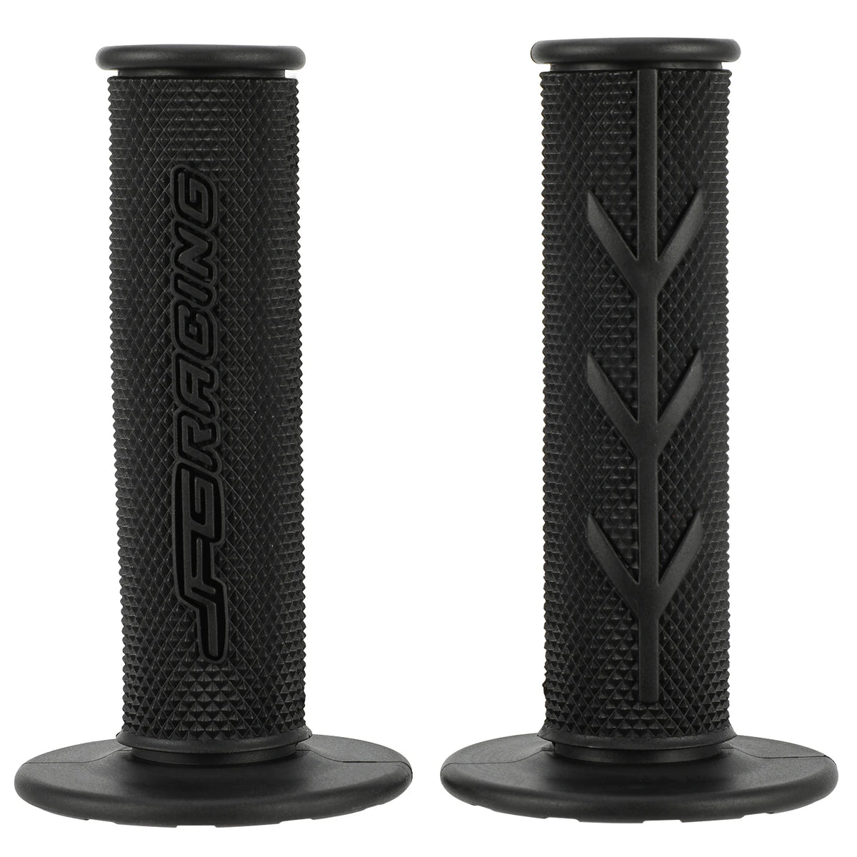 A pair of black aluminum motorcycle handlebar grips with rubber coating.