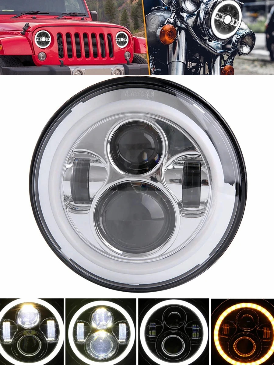 A clear plastic 7-inch motorcycle LED headlight assembly with angel eyes and daytime running lights.
