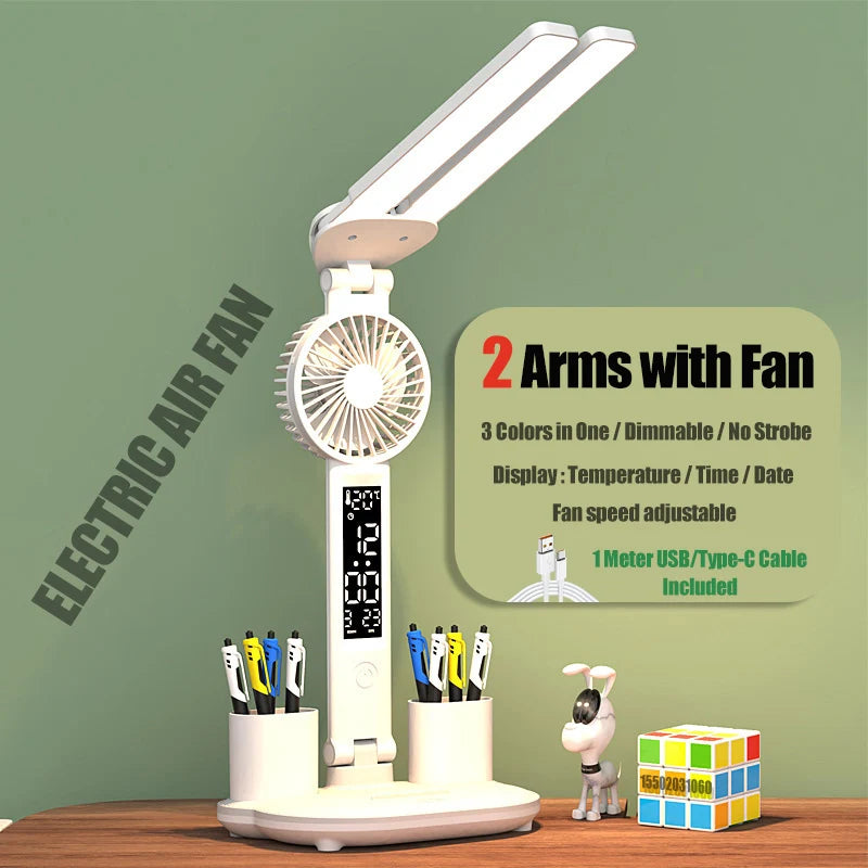 Multifunktionale LED-Schreibtischlampe mit Lüfter & Digitaler Uhr