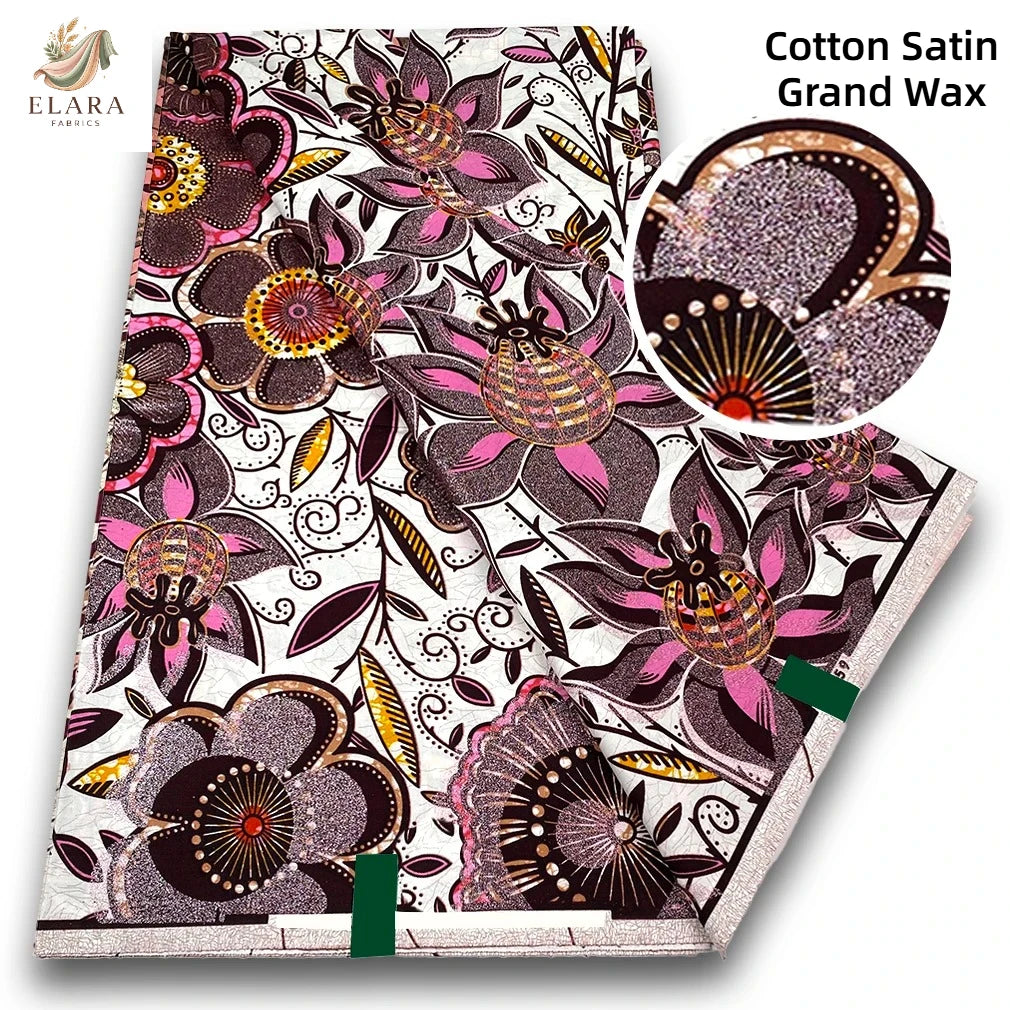 Cotton Satin Grand Wax fabric featuring a pink and purple floral African wax print design