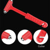Red car emergency escape hammer featuring a glass breaker and seatbelt cutter tool.
