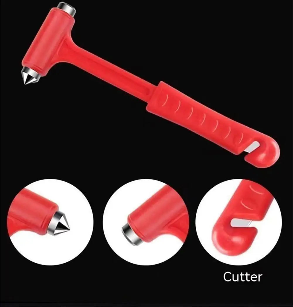 Red car emergency escape hammer featuring a glass breaker and seatbelt cutter tool.