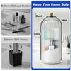 A clear glass rotating toothbrush holder with a dustproof cover is shown next to examples of items that can cause dampness or