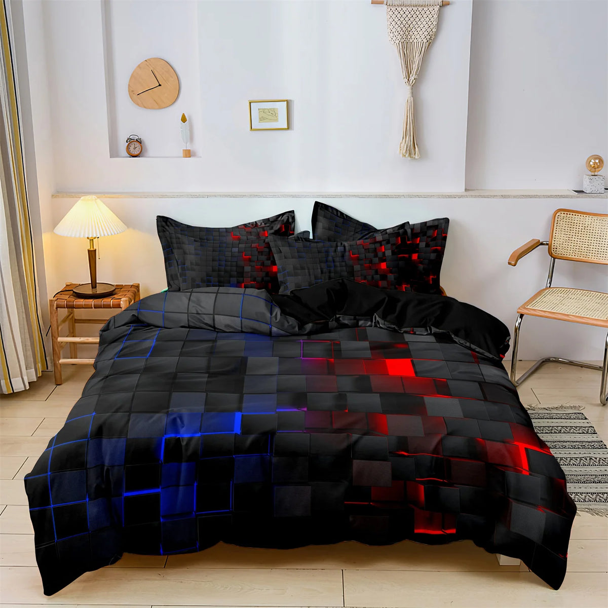 Geometric Grid Print Duvet Cover Set with Pillowcases