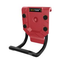 A red heavy-duty belt hammer holder with a secure grip and black mounting bracket.