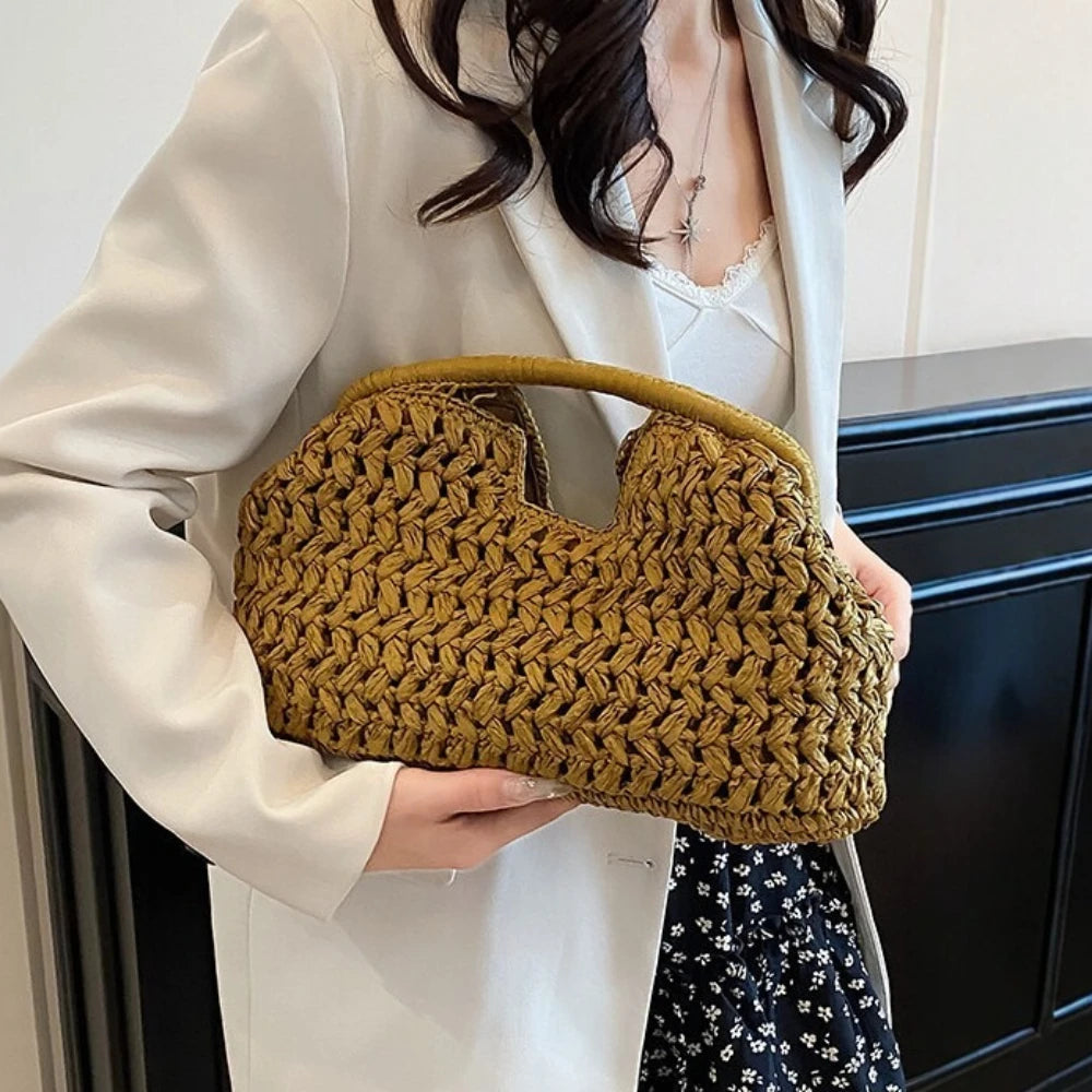 Handwoven Straw Tote Bag with Zipper