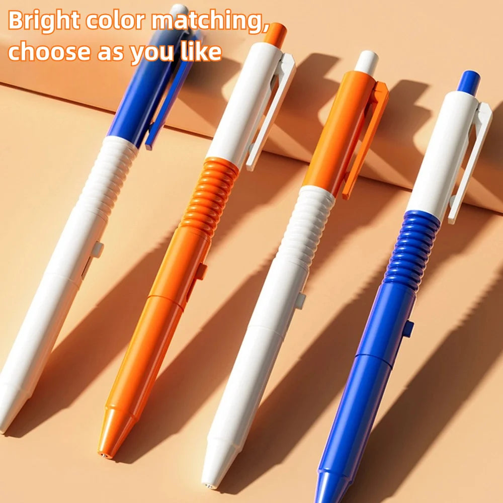 Five brightly colored pens, blue and orange, are displayed on a beige surface.