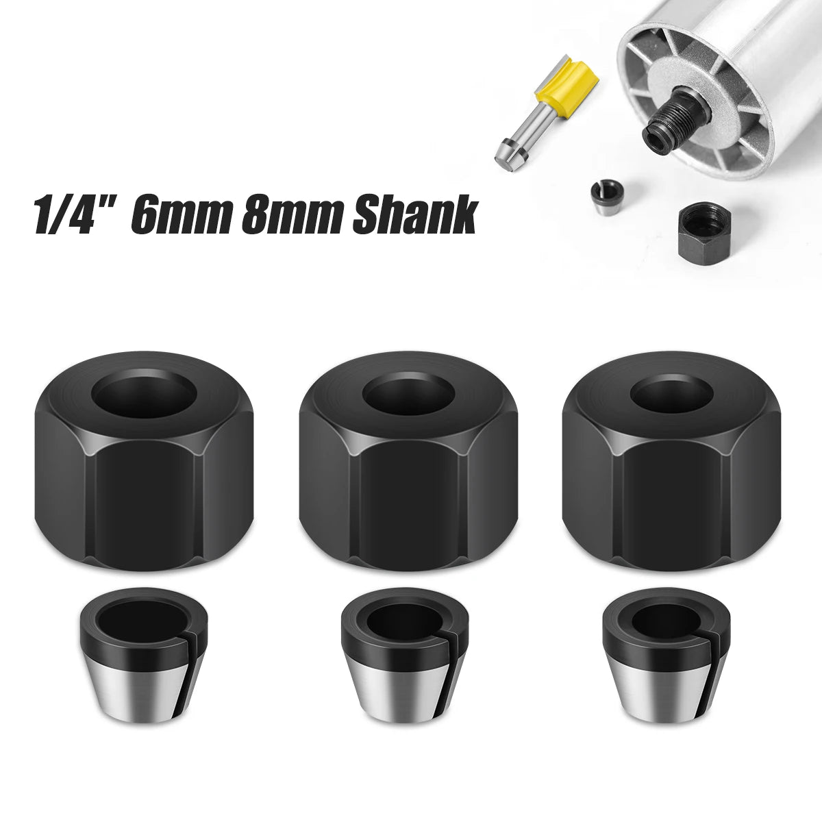 Set von 1/4 Zoll, 6mm, 8mm Schaften und passenden Kolletmuttern für Präzisionsrouting.