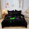 Black duvet cover set featuring a gamer theme print with controller and keyboard graphics