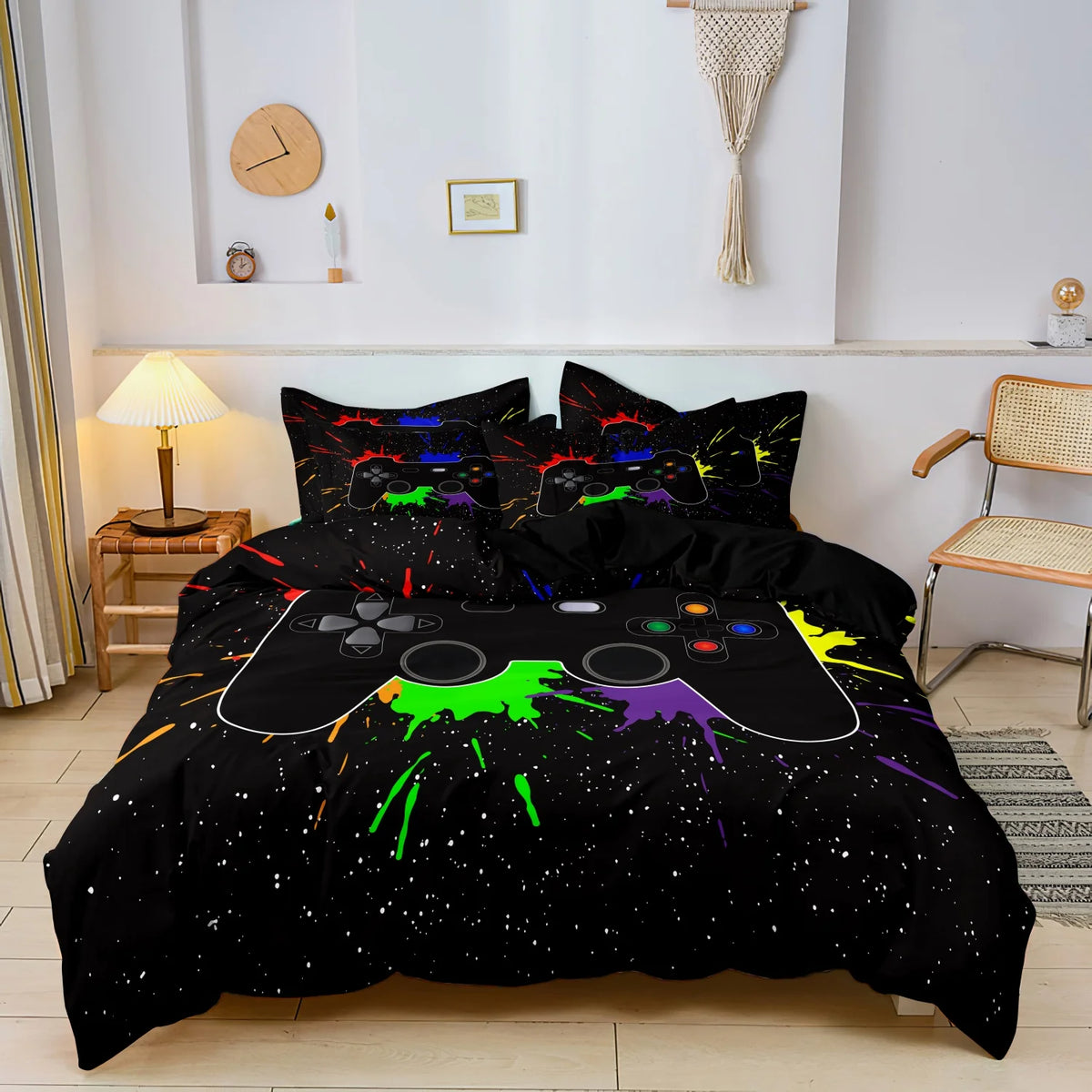 Black duvet cover set featuring a gamer theme print with controller and keyboard graphics