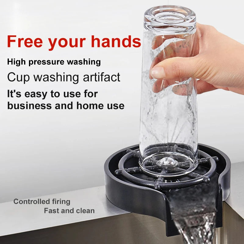 A hand is pouring water into a glass rinser, which is placed on a controlled firing base for high pressure washing.