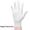 A hand wearing a white disposable nitrile glove is shown against a white background.