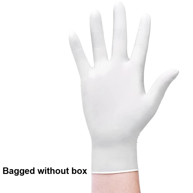 A hand wearing a white disposable nitrile glove is shown against a white background.