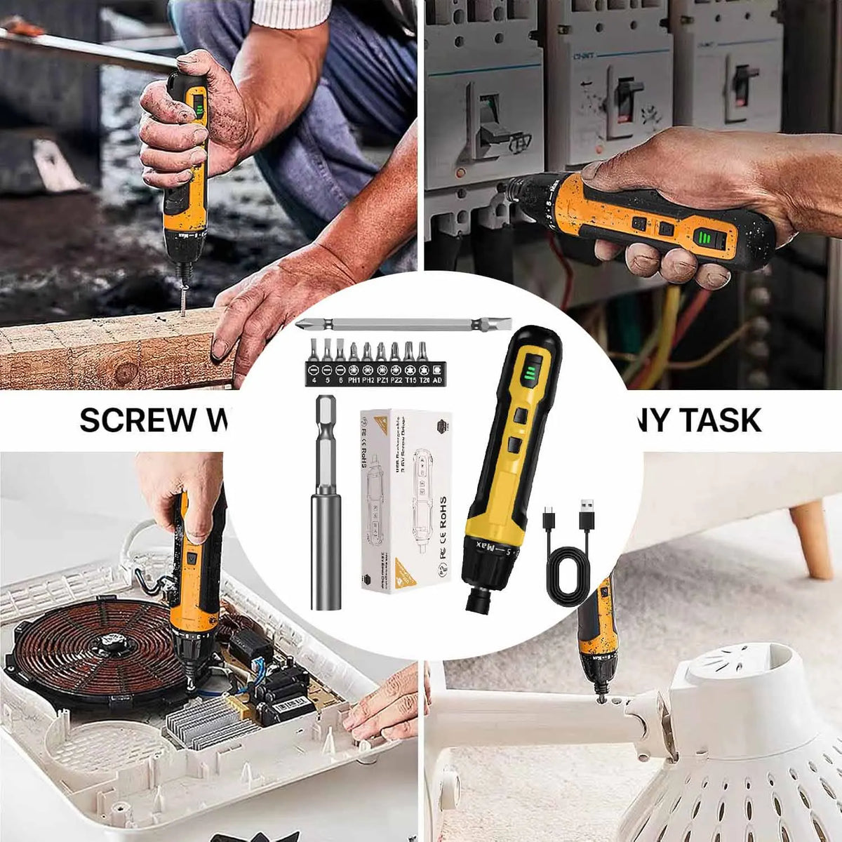 A set of cordless electric screwdrivers and tools used for various tasks including wood and metal work.