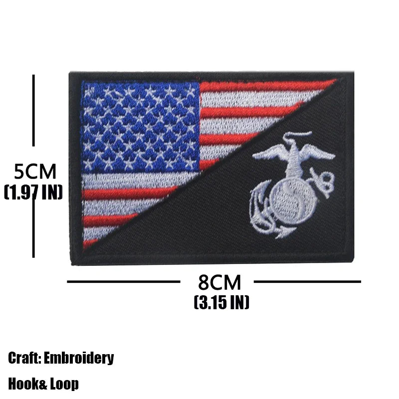 An embroidered tactical patch featuring the American flag design and an eagle emblem on a black background.