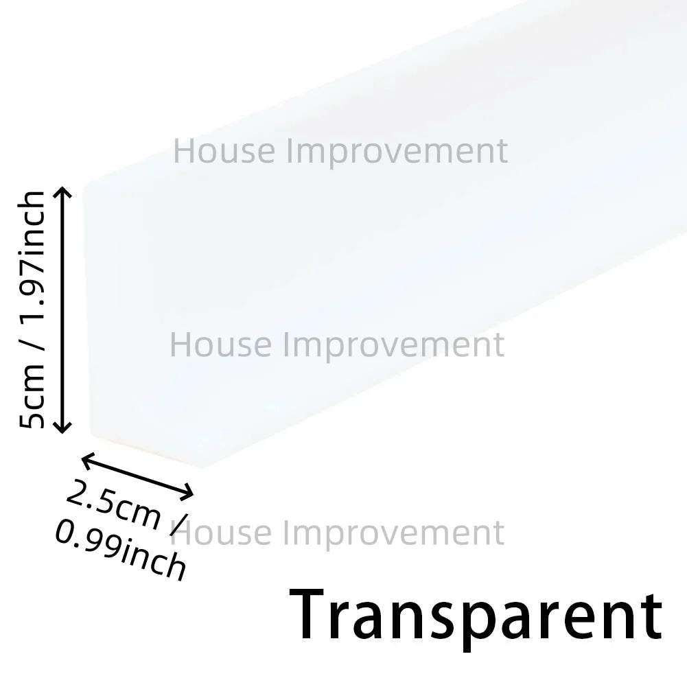 A transparent flexible silicone water dam for shower thresholds, shown with various dimensions.