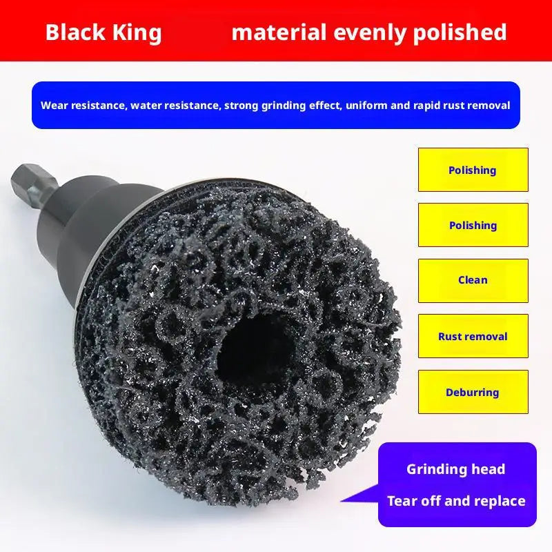 A black sanding wheel attachment for rust removal and polishing, shown with a grinding head.