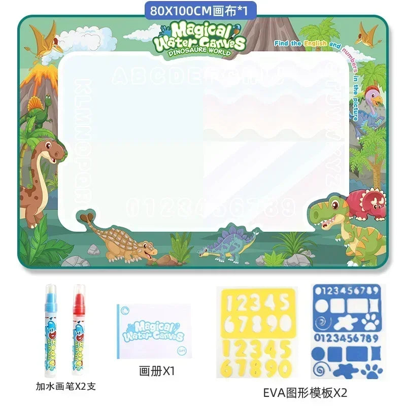 Large reusable water drawing mat with magic pens and dinosaur world theme for kids