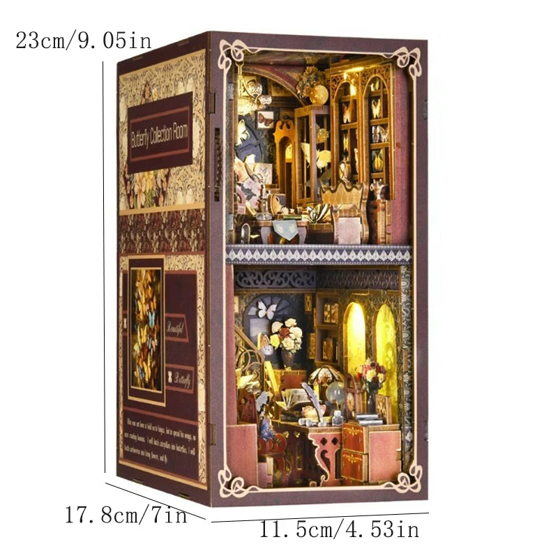 A wooden 3D puzzle bookshelf insert decor featuring a detailed butterfly collection room scene.