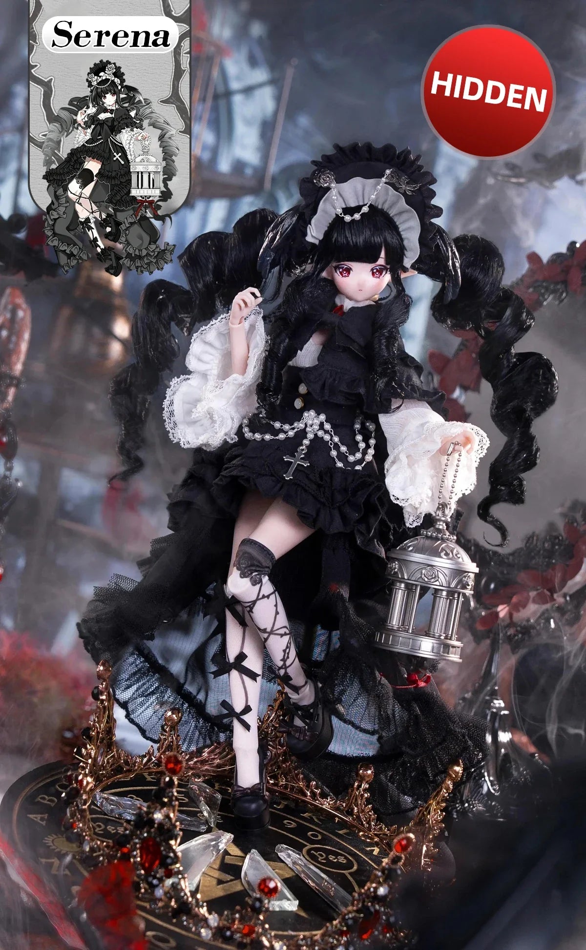 A highly detailed black and white doll dressed in gothic attire with lace and dark hair, displayed on a decorative stand.