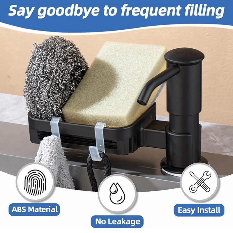 A black built-in kitchen sink soap dispenser with a sponge holder and ABS material features for easy installation and no leak