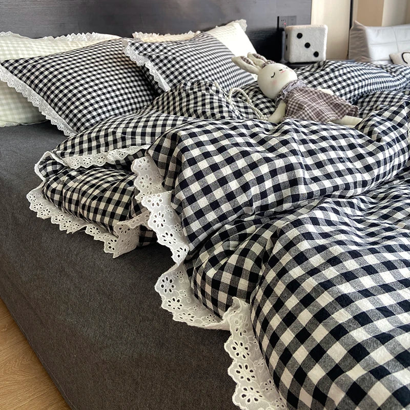 Lace Trim Plaid Duvet Cover Set with Pillowcases
