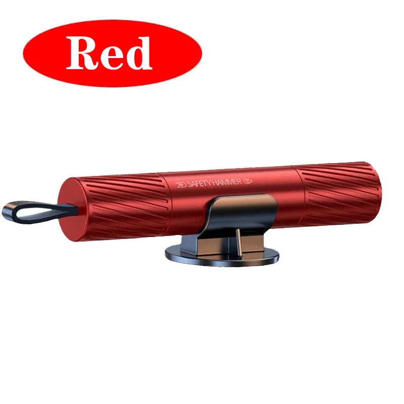 A red safety hammer with a black handle and base, used for emergency window breaking or seatbelt cutting.