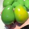 Eine Hand hält einen leuchtend limettengrünen therapeutischen Stressball, der seine glatte Textur und lebendige Farbe zeigt.