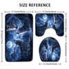 A set of three dark blue and gray wolf images printed on non-slip bathroom mats.