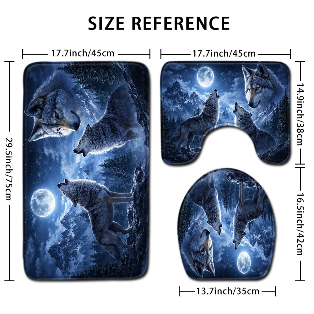 A set of three dark blue and gray wolf images printed on non-slip bathroom mats.