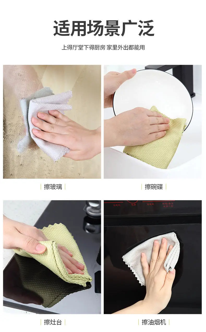 A set of lint-free microfiber cleaning cloths being used for various household cleaning tasks like dusting and wiping.