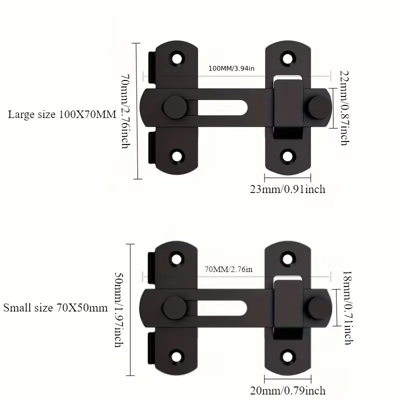 Black stainless steel flip barn door lock with keys shown in two sizes, large and small.