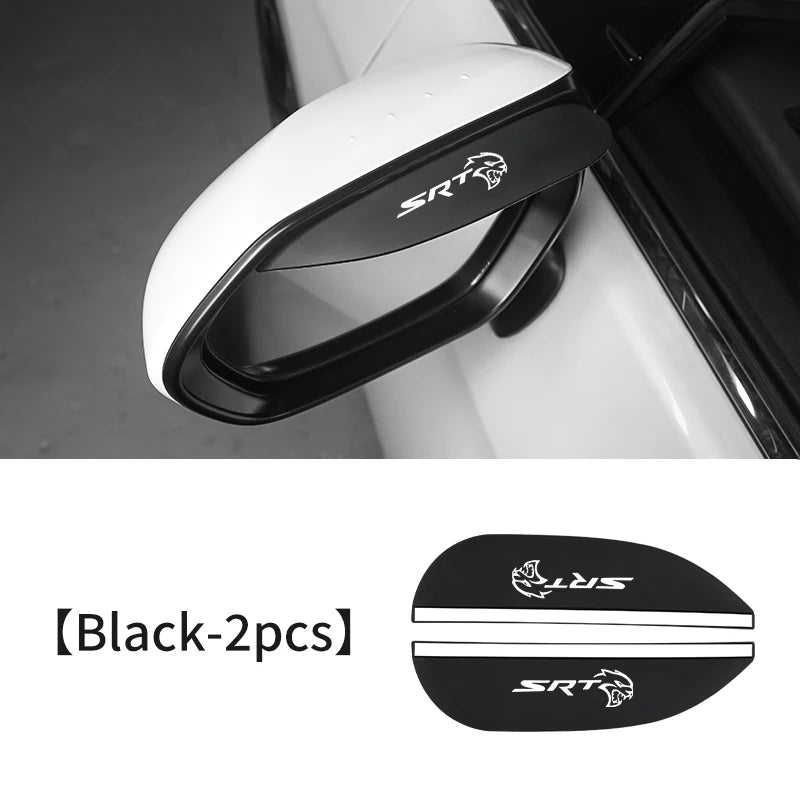 A close-up view of a white car side mirror rain guard with an SRT logo, shown against a dark background.