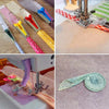 A set of DIY bias tape maker tools including binder foot and various colored tapes.