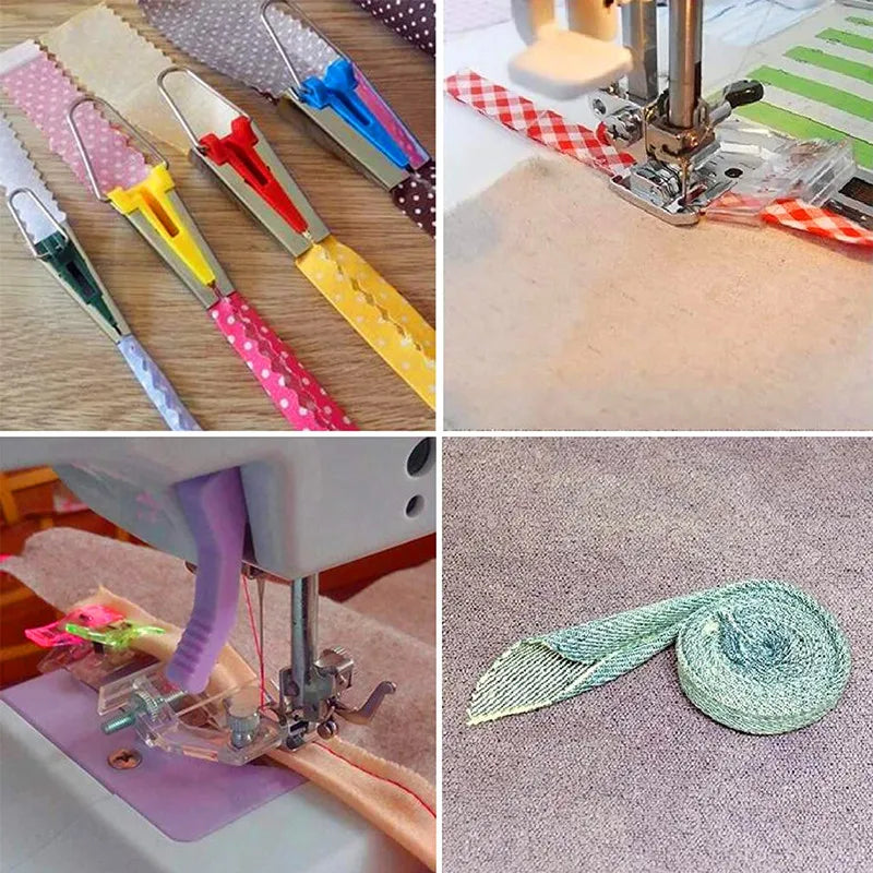 A set of DIY bias tape maker tools including binder foot and various colored tapes.