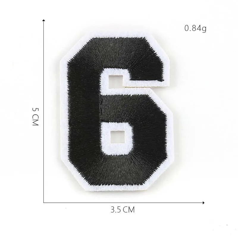 Black iron-on 3D number patch shaped like the numeral six, measuring 5 cm high and 3.5 cm wide.