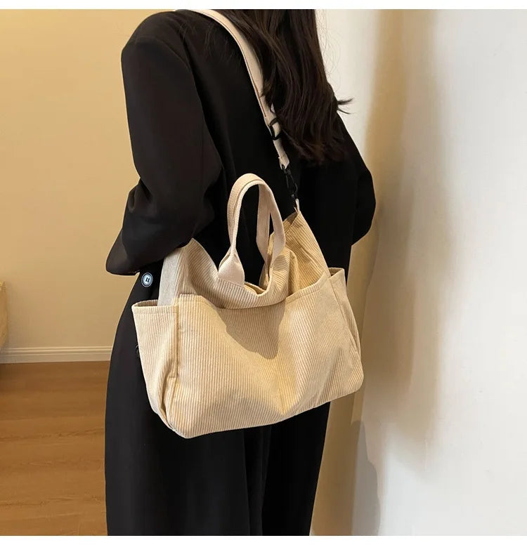 Multi-Pocket Corduroy Tote Bag – Large Capacity Casual Satchel for Travel, Work & Commute