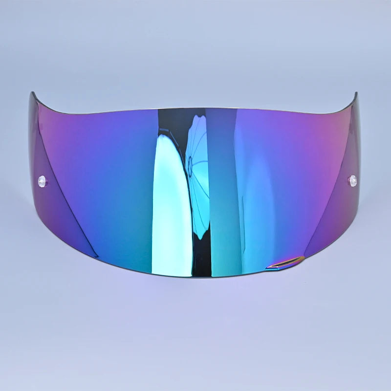 A motorcycle helmet visor lens shield with a gradient blue and purple tint.