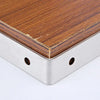 Stainless steel 90-degree angle bracket set with screws attached to a wooden piece.