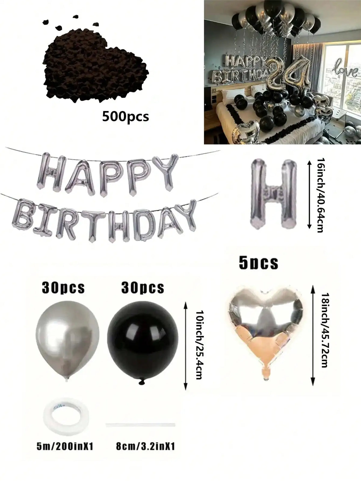 A kit for a balloon garland featuring black and silver balloons and oversized foil numbers.