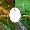 A set of solar powered garden lantern lights installed along a pathway in a grassy yard.