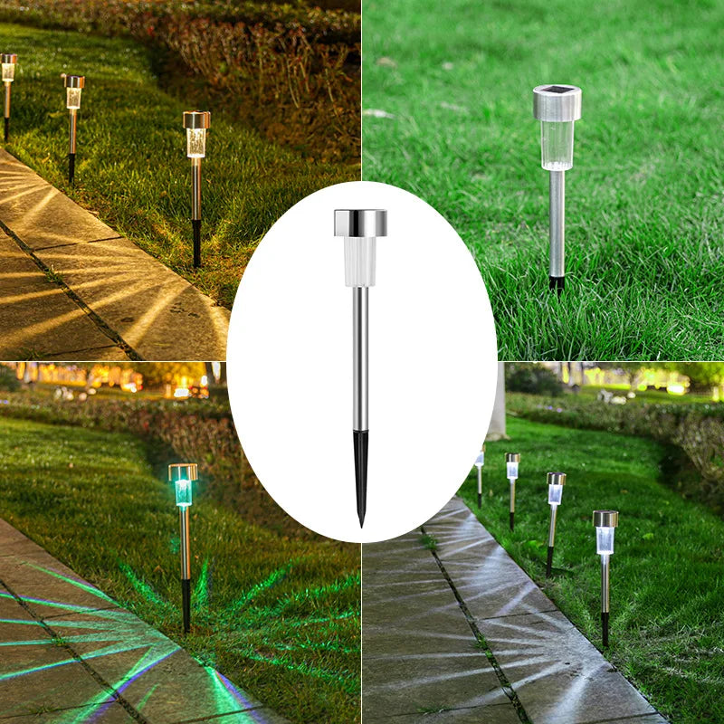 A set of solar powered garden lantern lights installed along a pathway in a grassy yard.
