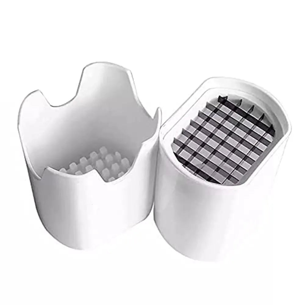 White handheld french fry cutter and vegetable slicer with a grid insert