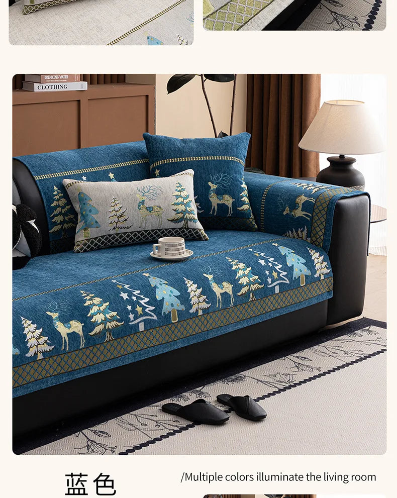 Festive Chenille Christmas Sofa Cover with Deer & Tree Pattern