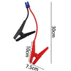 A red and black heavy-duty car jump starter cable clamp with a blue connector, shown with dimensions.