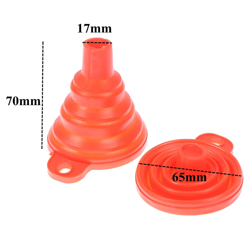 Embudo colapsable de silicona naranja con abertura de 17mm y base de 65mm.