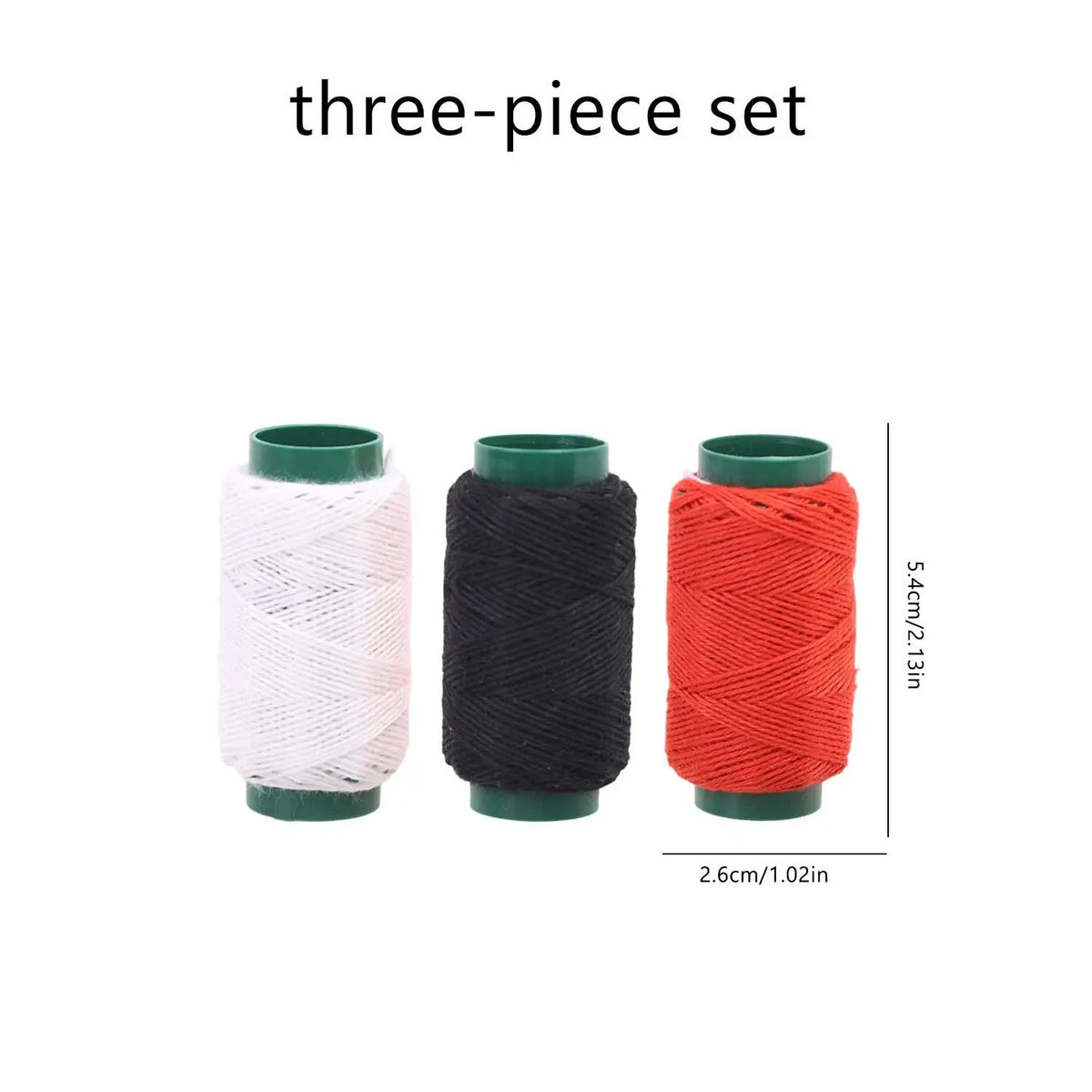 Three-piece set of colored sewing threads including white, black, and orange yarn spools.