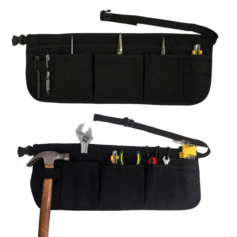 Black heavy-duty tool apron with multiple pockets for gardening and work tools